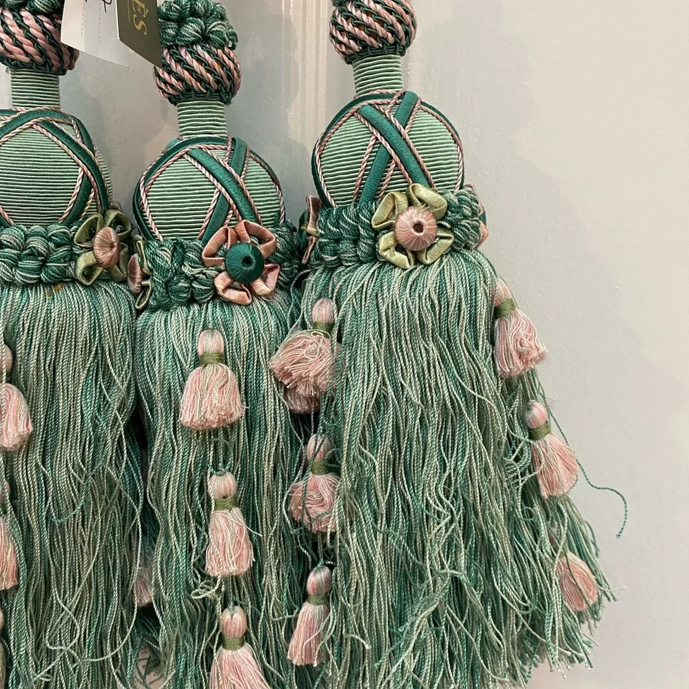 Houles Paris Gorgeous & Elegant Green & Pink Tassel Curtain Tiebacks NWT
